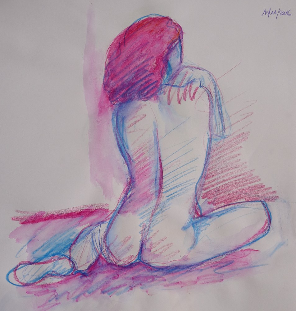 femme assise de dos en couleurs rose et bleu cheveux dessin aquarelle modèle vivant