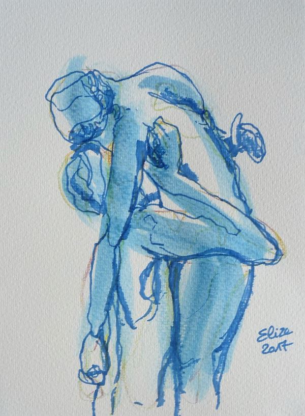 Camille Claudel dessin de la scullpture l'abandon par elize, à l'encre crayon bleu