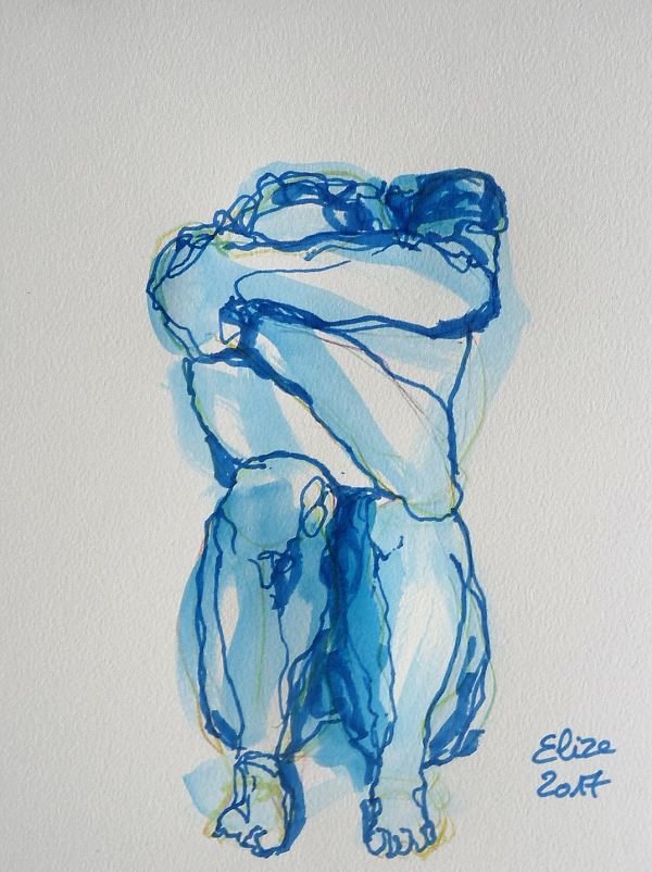 Camille Claudel dessin de la scullpture femme acroupie de face par elize, à l'encre crayon bleu