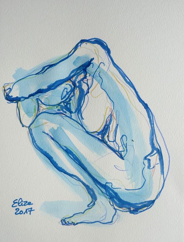 Camille Claudel dessin de la scullpture femme acroupie de côté par elize, à l'encre crayon bleu