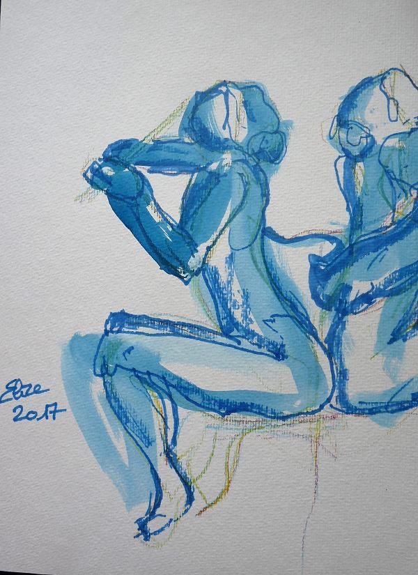 Camille Claudel dessin de la sculpture la joueuse de flute ou sirene par elize, à l'encre crayon bleu