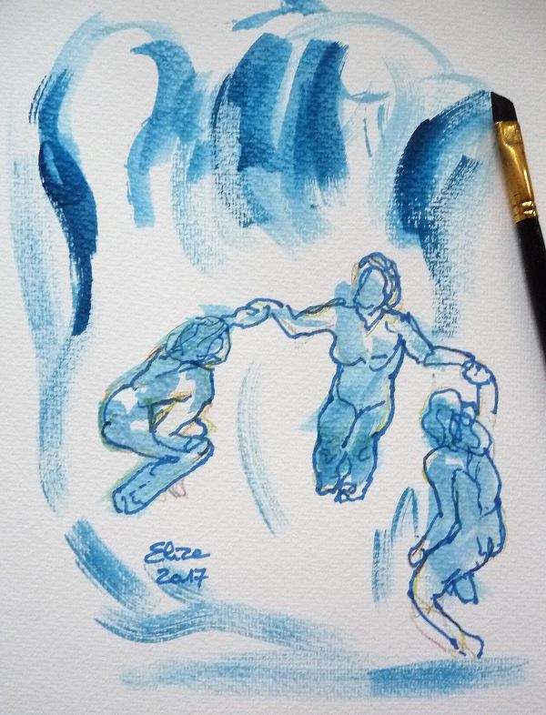 Camille Claudel dessin de la vague par elize, à l'encre crayon bleu