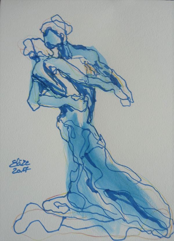 Camille Claudel dessin de la valse par elize, à l'encre crayon bleu