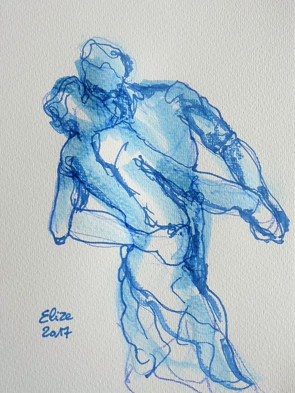 Camille Claudel dessin de la valse par elize, à l'encre crayon bleu