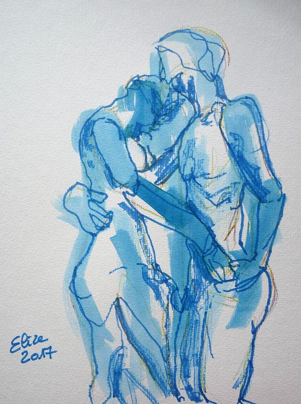 Camille Claudel dessin de la valse par elize, à l'encre crayon bleu