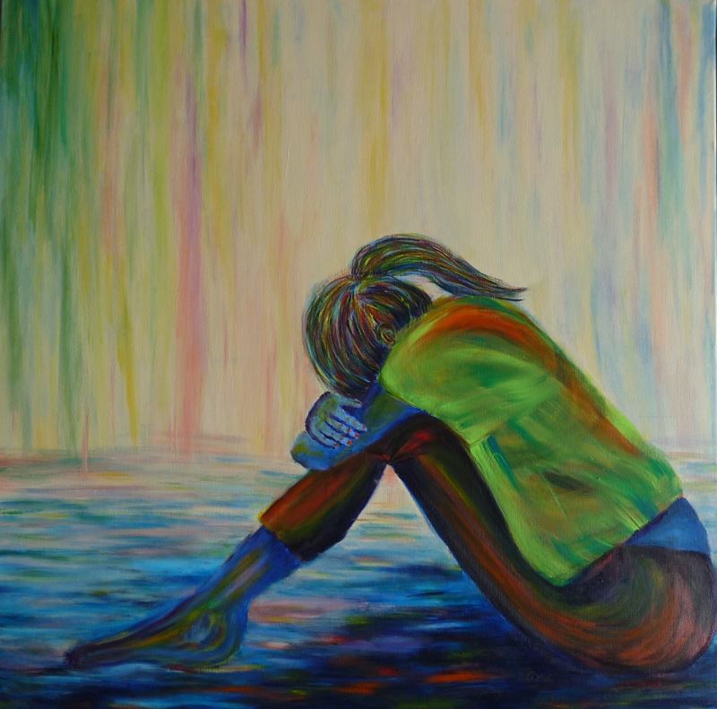 tableau peinture elize pigmentropie femme recroquevillée seule eau impressionnisme peintre