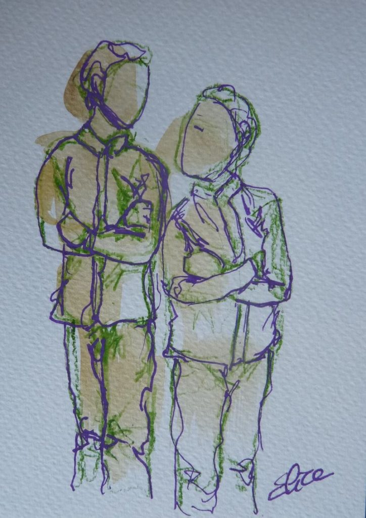 deux garcons frères bras croisés dessin trait vert violet elize esquisse