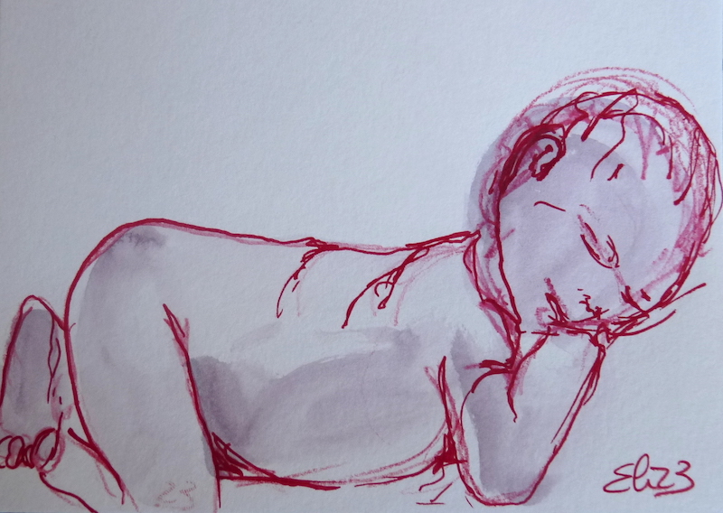 Dessin esquisse Elize bebe dormant sur le ventre au trait rouge crayon