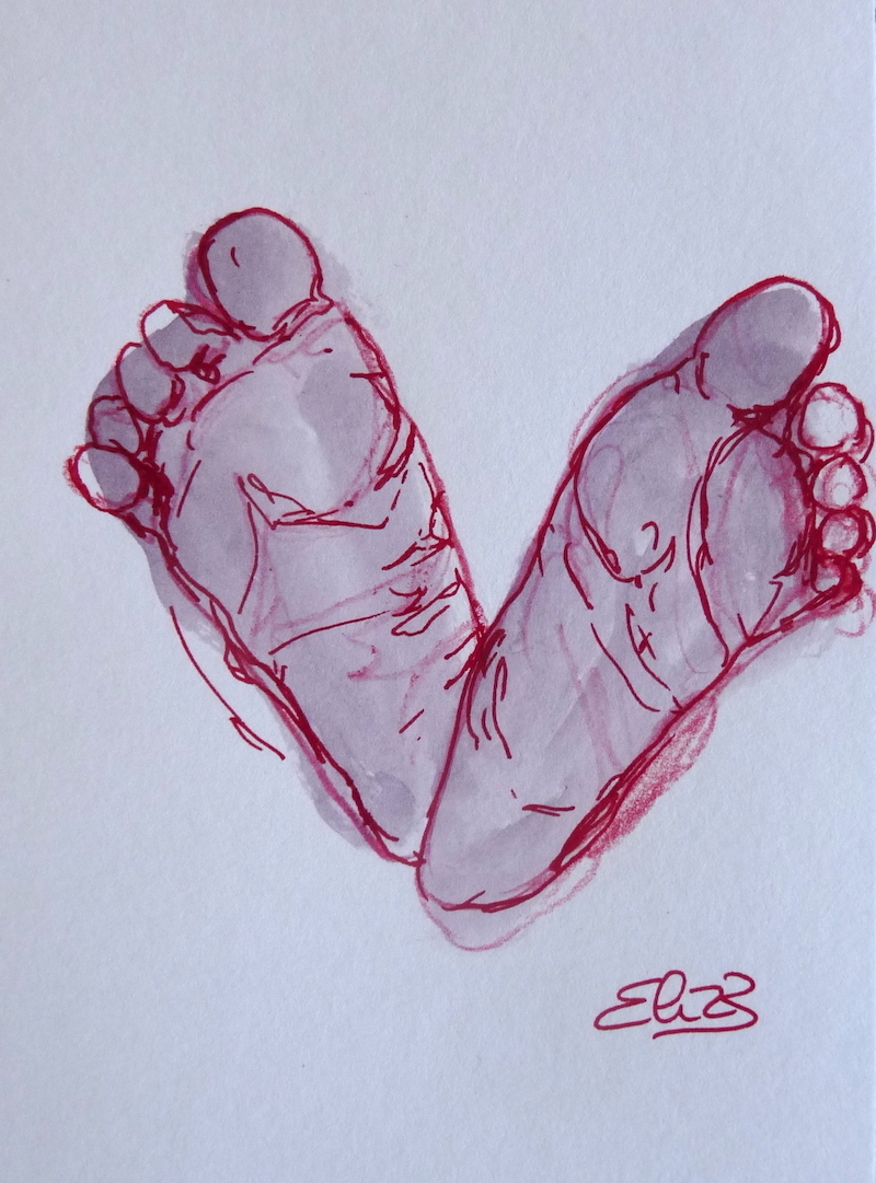 dessin de pieds de bebe - peton par Elize, encre grise, trait rouge