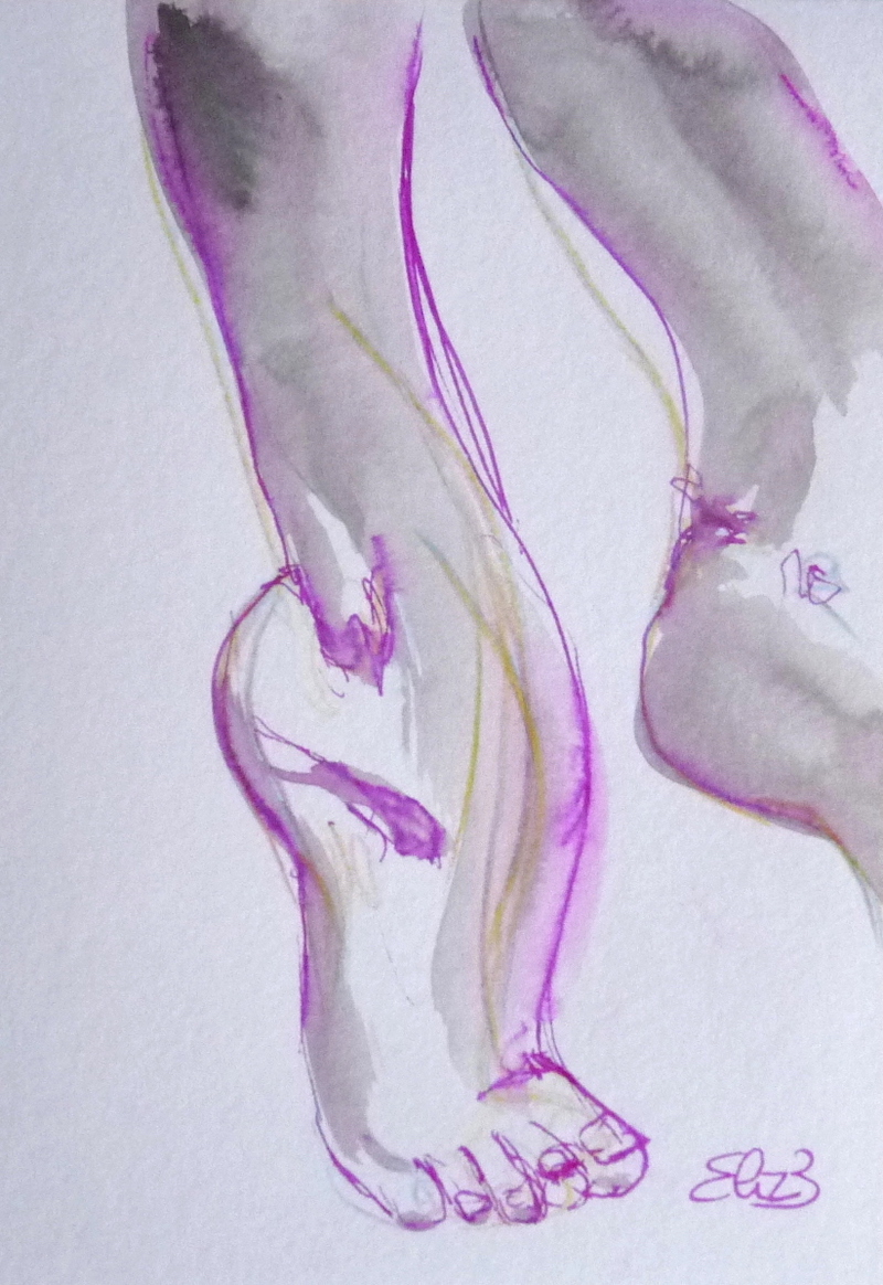 dessin de pieds de danseuse cheville par Elize, encre grise, trait violet