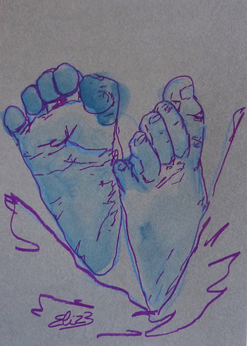 dessin de pieds de bebe - peton par Elize, encre bleue, trait violet, fond gris