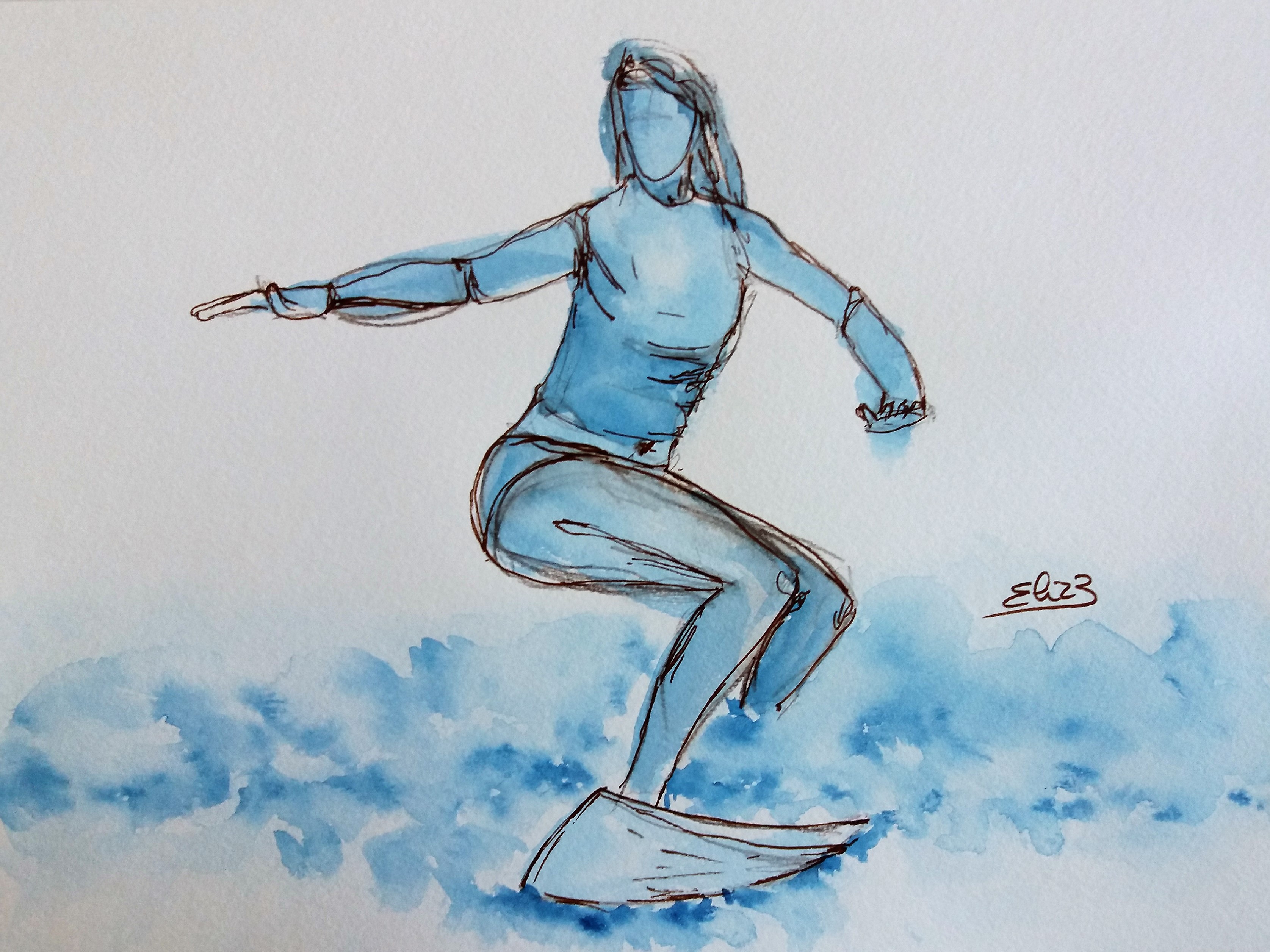 surfer sur la vague, surfeuse sur la plage, dessin esquisse par elize pour pigmentropie encre bleu et trait marron