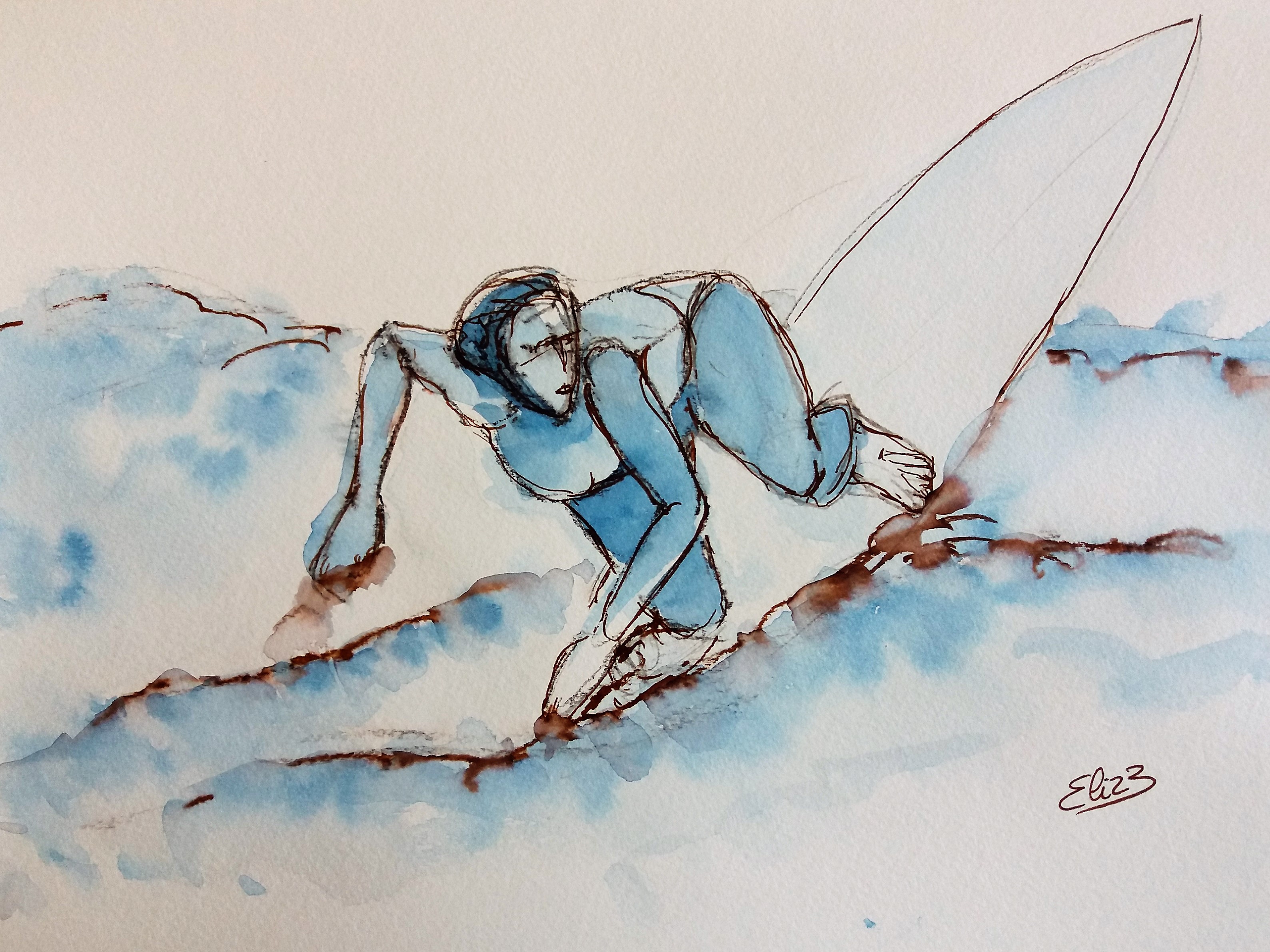 surfer sur la vague rouleau surfeuse sur la plage, dessin esquisse par elize pour pigmentropie encre bleu et trait marron