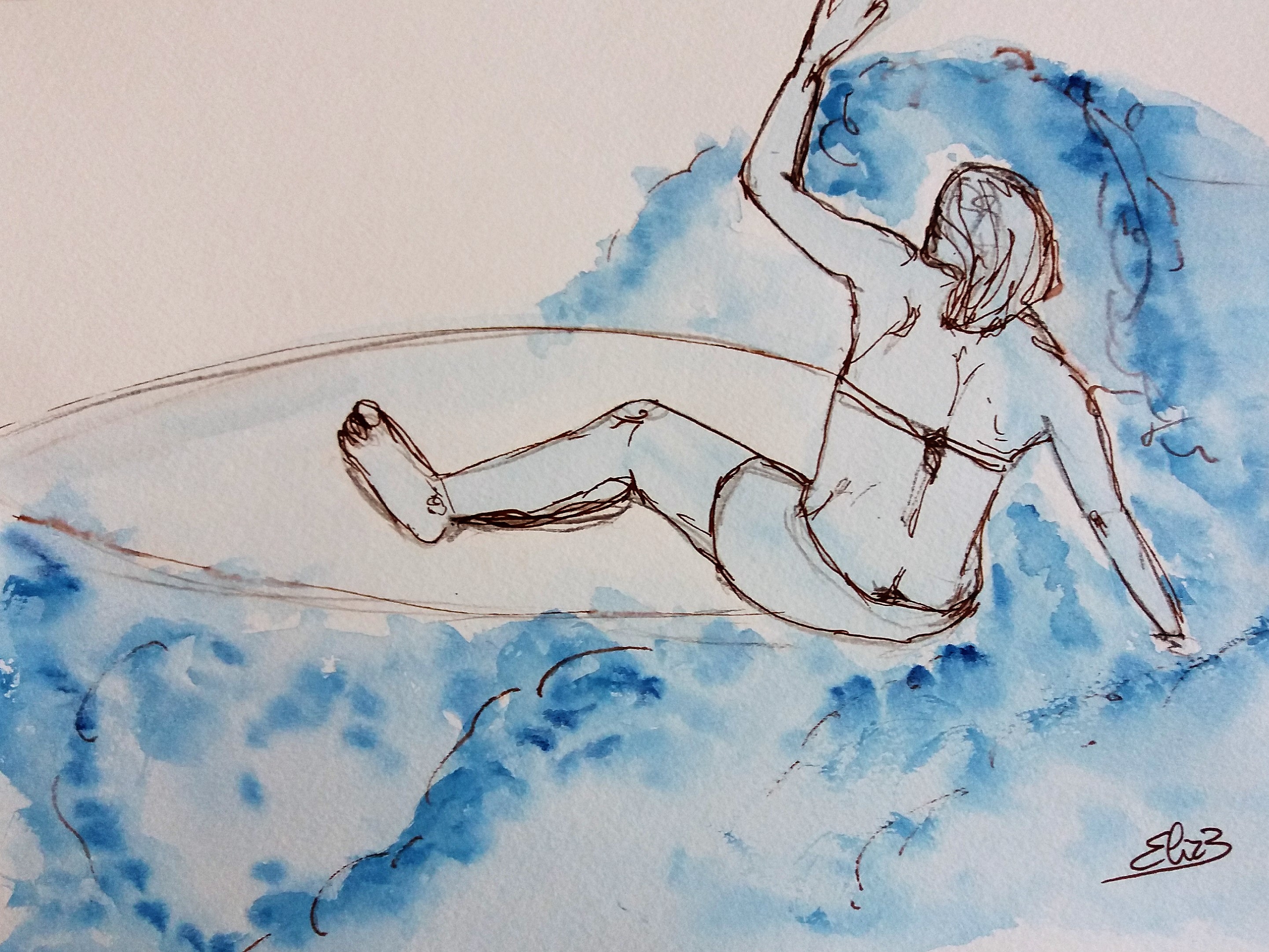 surfer sur la vague, surfeuse sur la plage, dessin esquisse par elize pour pigmentropie encre bleu et trait marron tomber rouleau