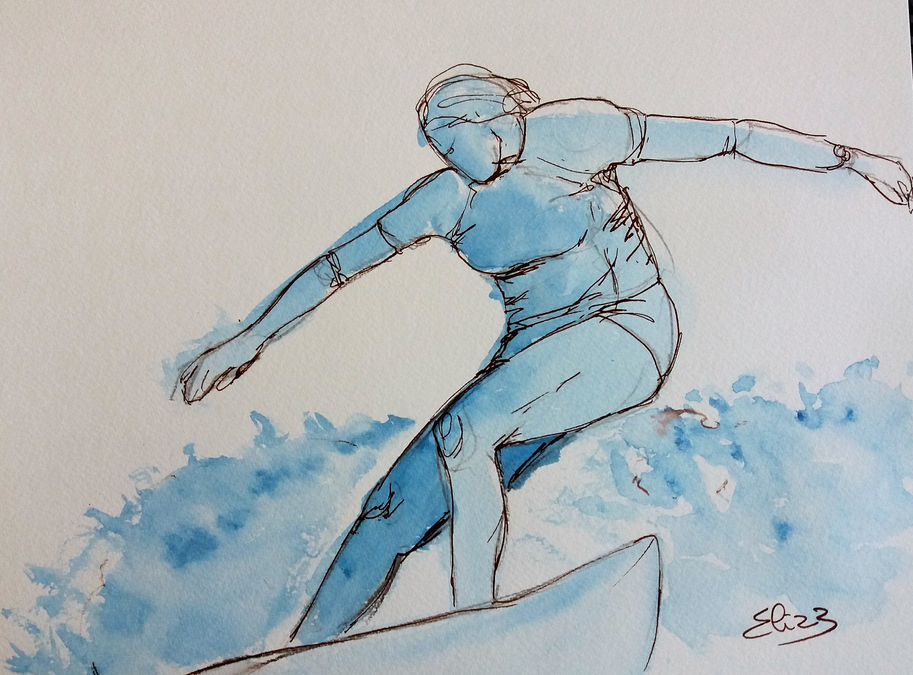 surfer sur la vague, surfeuse sur la plage, dessin esquisse par elize pour pigmentropie encre bleu et trait marron