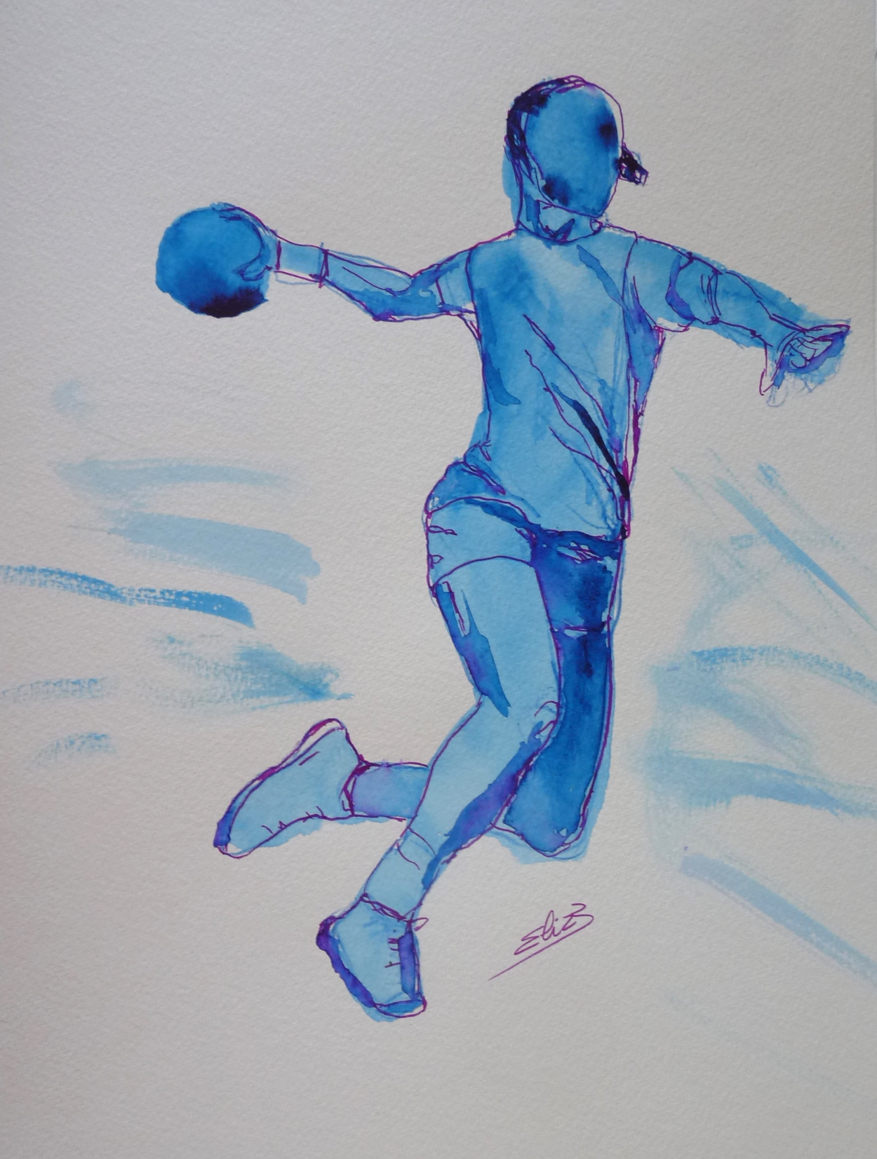 hand ball joueuse handballeuse dessin bleu encre Elize pigmentropie
