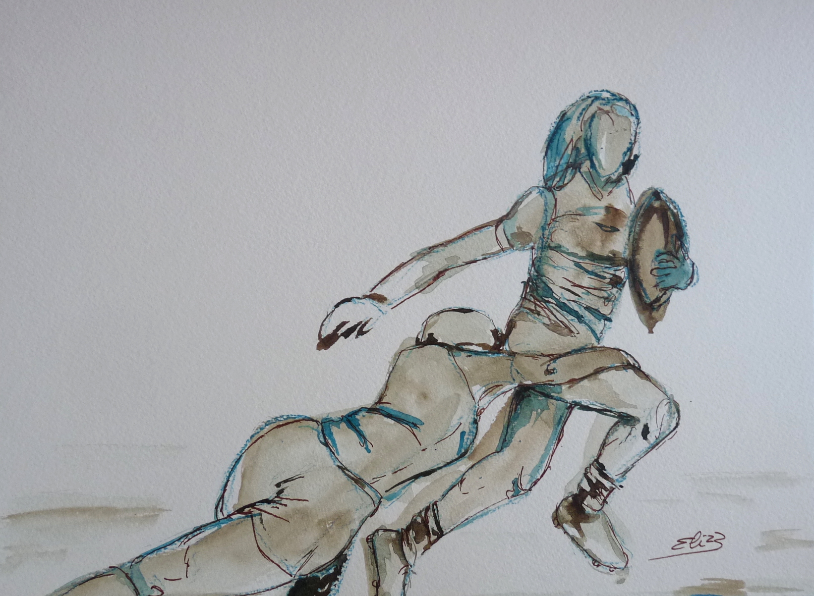 rugby woman joueuse dessin vert marron encre Elize pigmentropie