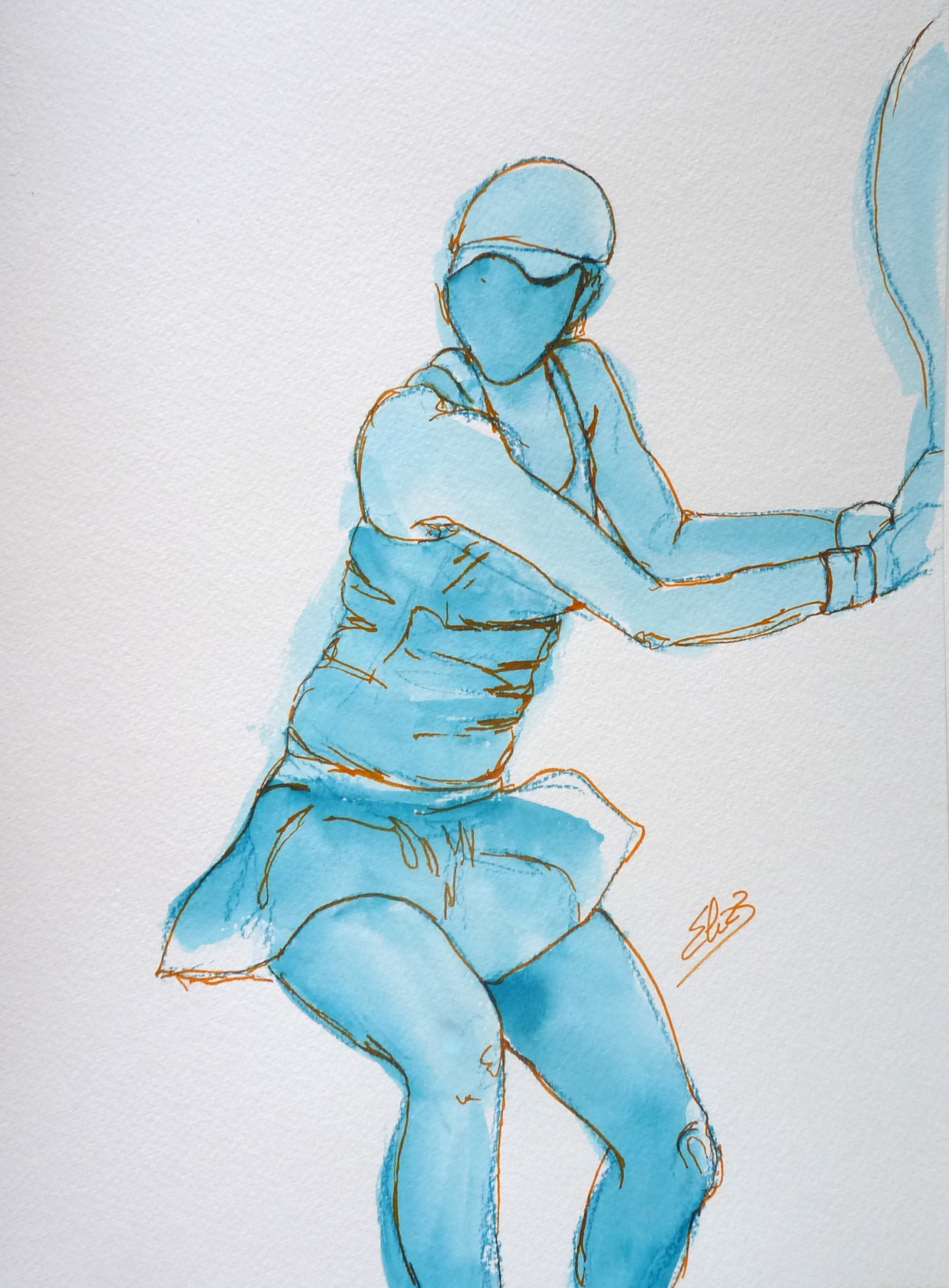 tennis tenniswoman joueuse dessin bleu encre Elize pigmentropie