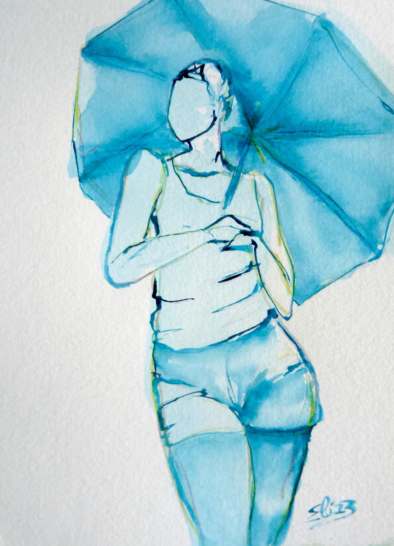 esquisse d'une femme en short tenant une parapluie dessin d'art encre bleue et crayon par Elize