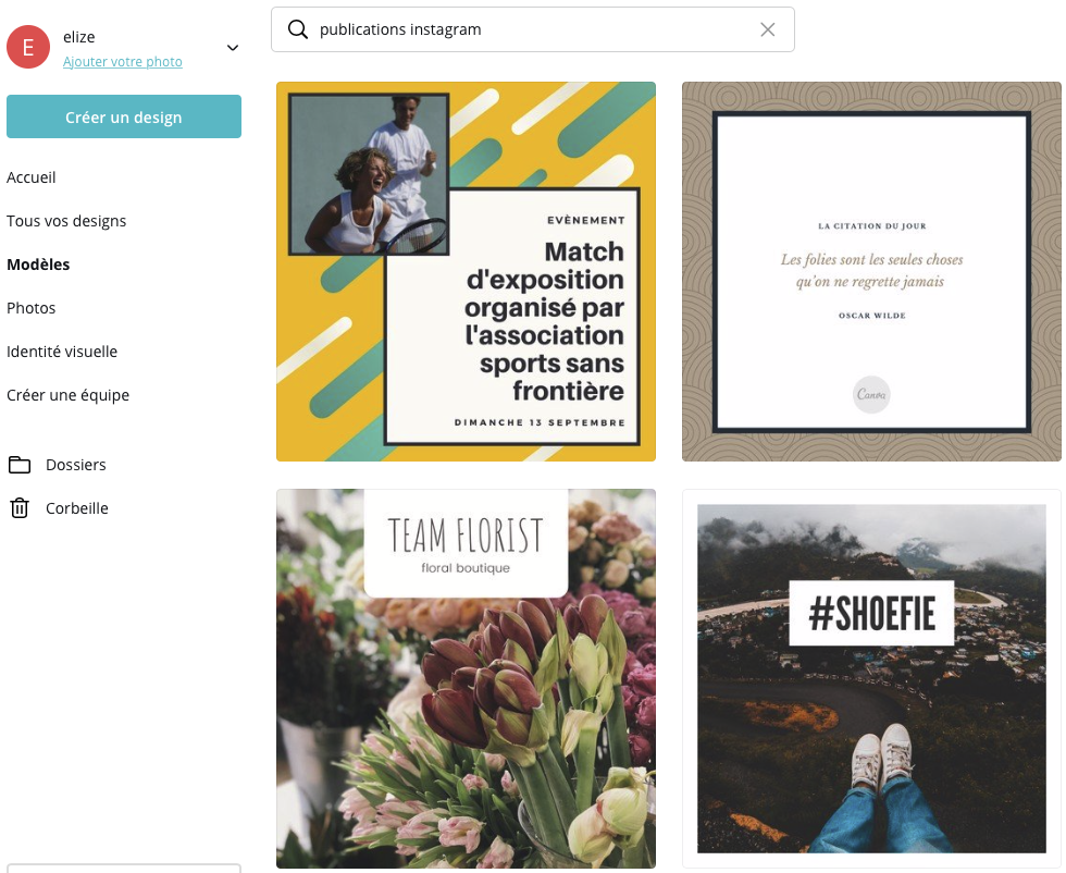 canva capture écran des modèles instagram