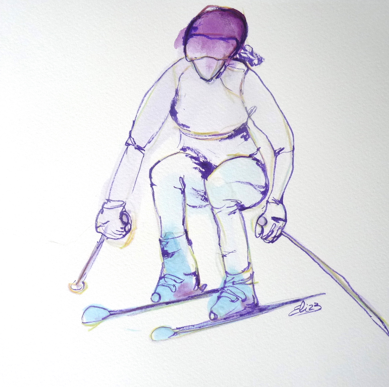 skieuse sportive neige croquis artistique original art pigmentropie