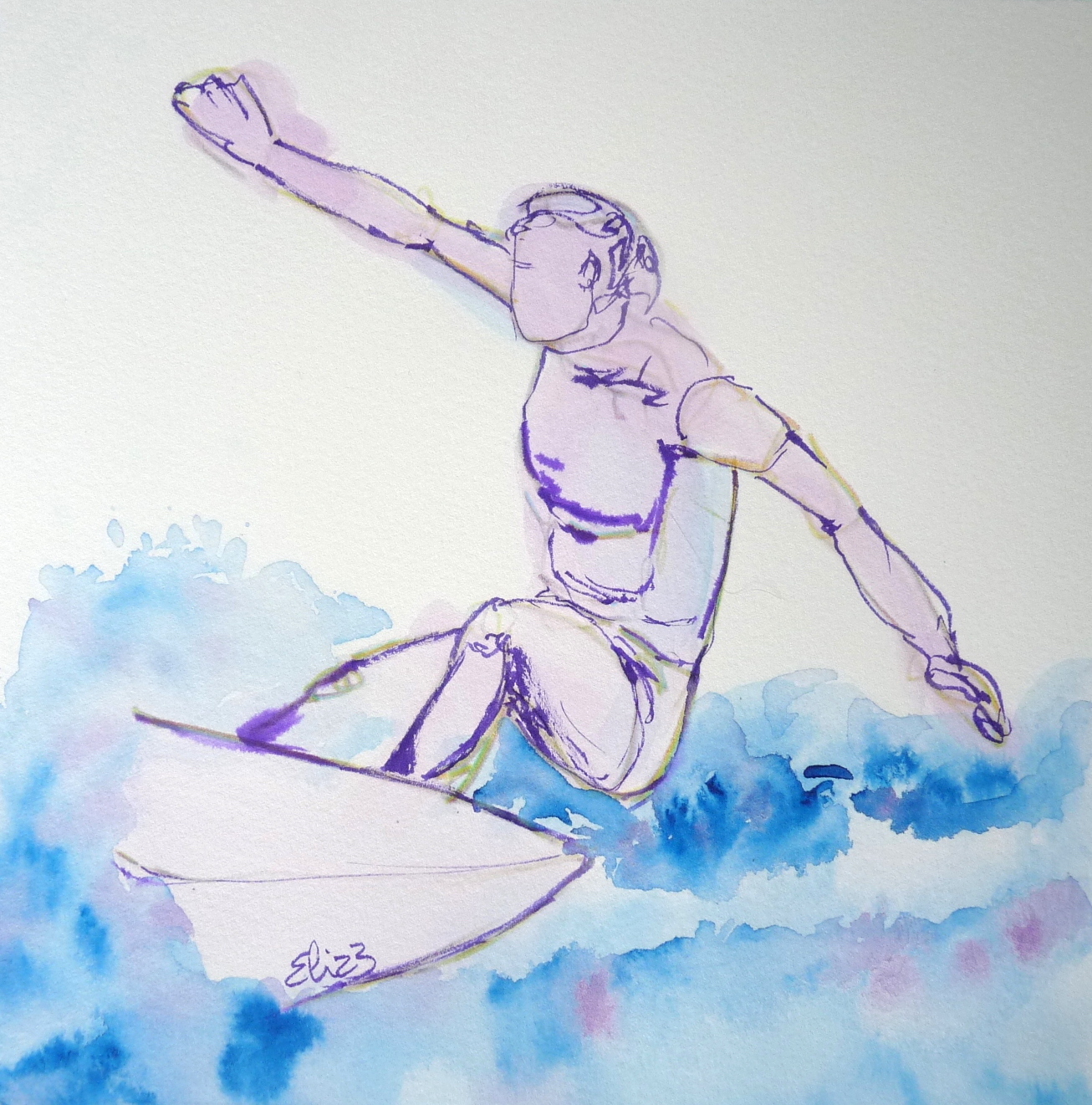 femme sportive vague surf croquis violet et bleu sportive femme