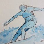 surfer sur la vague, surfeuse sur la plage, dessin esquisse par elize pour pigmentropie encre bleu et trait marron