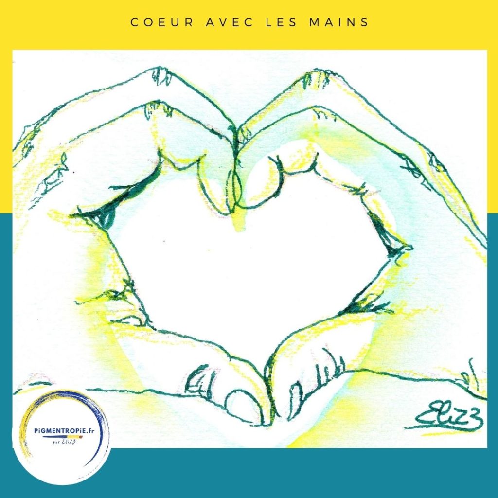 coeur avec les doigts dessin jaune vert