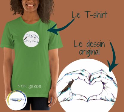 t-shirt coeur avec les mains vert